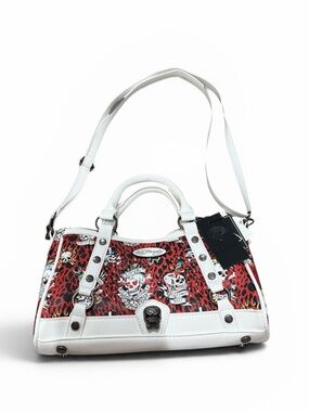 Ed Hardy White Red Leopard Skull Satchel Bag Y2K Tattoo Goth Punk Shoulder Purse